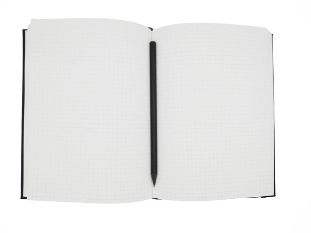 schwarzes Notizbuch, blankes Diagrammpapier mit quadratischen Linien. Es ist auf beiden Seiten von zwei Seiten im weißen und isolierten Hintergrund geöffnet. - Foto, Bild
