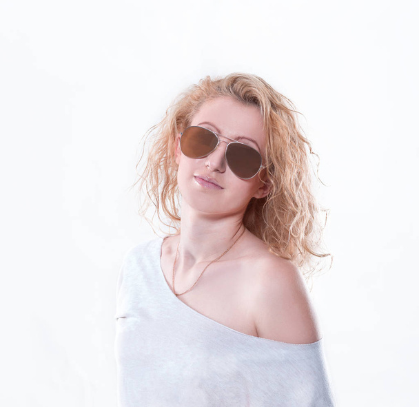 cute modern girl in sunglasses. isolated on white - Zdjęcie, obraz