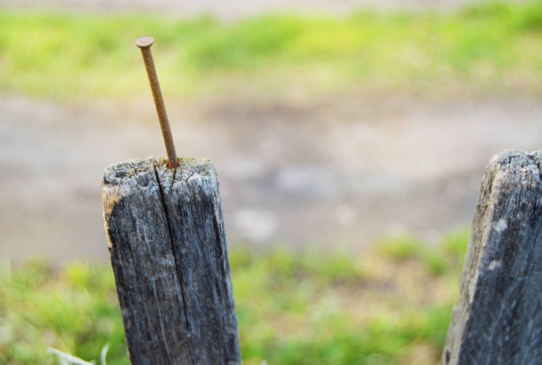 Alter Holzzaun und ein rostiger Nagel ragen heraus - Foto, Bild