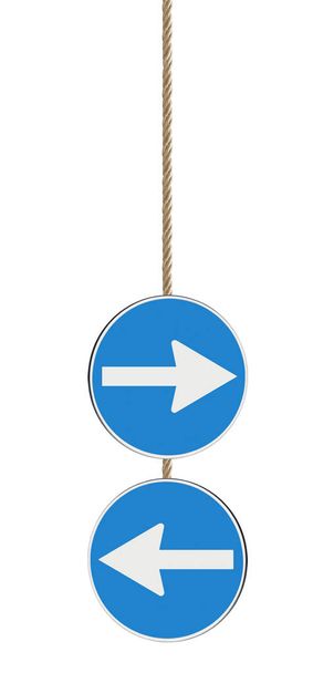 Signo de flecha azul aislado sobre fondo blanco colgando de una cuerda
 - Foto, imagen
