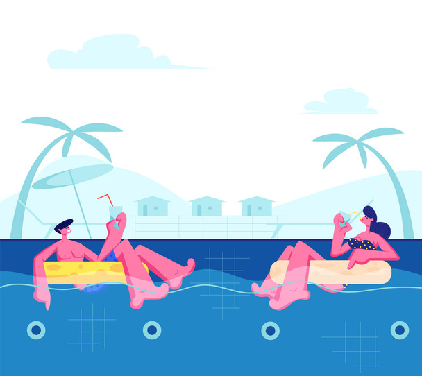 Młoda szczęśliwa para Relaks w ośrodku wypoczynkowym, pływanie w nadmuchiwanych pierścieniach w basenie i picie koktajli. Tropikalne wakacje oszczędność, Wypoczynek letni, Miesiąc miodowy Cartoon Flat Vector Ilustracja - Wektor, obraz