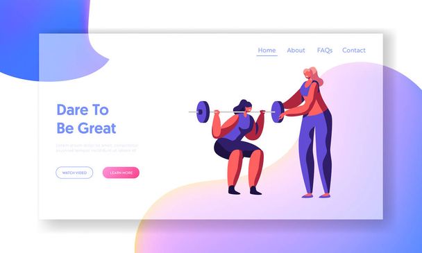 Woman Squatting with Weight in Gym, Coach Help in Training. Girl in Sports Wear Workout, Exercises, Sport Activity Lifestyle. Website Landing Page, Web Page. Cartoon Flat Vector Illustration, Banner - Вектор, зображення
