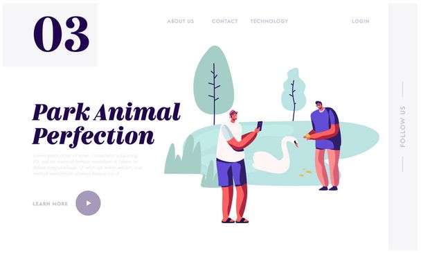 People Spend Time in Open Air Animal Park. Man Take Picture of Friend near Beautiful Lake with Swans . Summer Outdoors Leisure. Website Landing Page, Web Page. Cartoon Flat Vector Illustration, Banner - Vector, Image