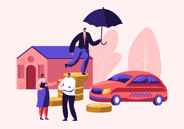不動産ホームと車の保護のためのポリシーに署名するための保険女性エージェントと話すクライアント。コインパイルに傘を持った男将来的に保証と安全。漫画フラットベクトルイラスト - ベクター画像
