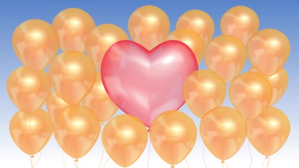 Pink balloon in the shape of a heart surrounded by golden balloons on a blue sky background. Seamless looping - Footage, Video