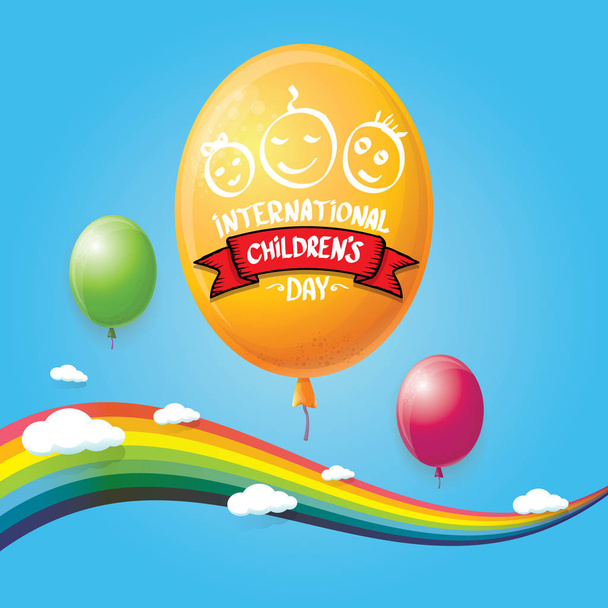 1 juni internationale Childrens dag achtergrond. gelukkige kinderen dag wenskaart met ballonnen, hemel, regenboog en wolken. Kids dag poster - Vector, afbeelding