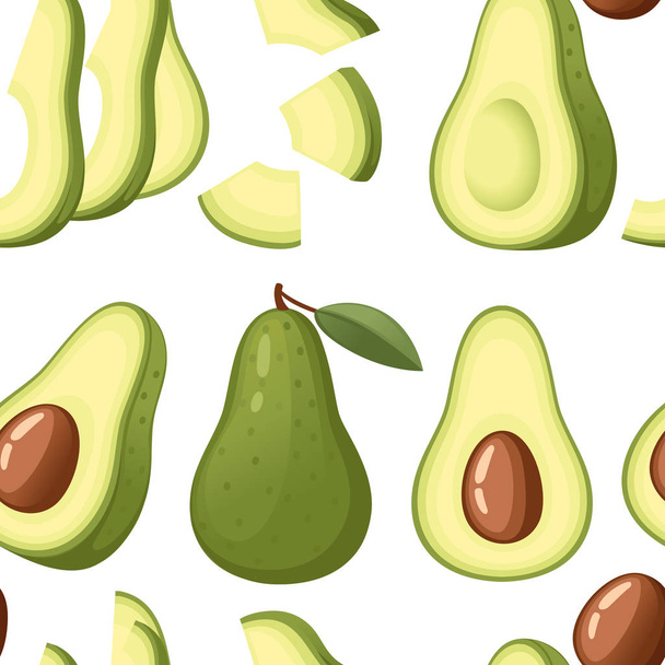 Seamless pattern. Fresh avocado and slice of avocados. Whole and half cut juicy avocado. Flat vector illustration on white background. Fresh green fruit, Vegetarian, vegan Healthy organic food - Vector, Image