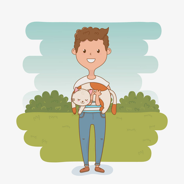 young man with cute cat mascot - Vector, Image