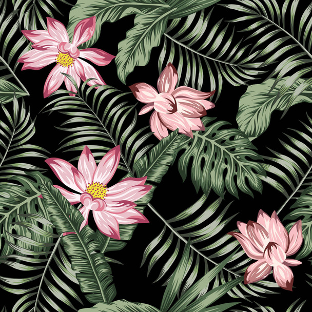 Botanical seamless pattern green leaves pink flowers black backg - Вектор,изображение