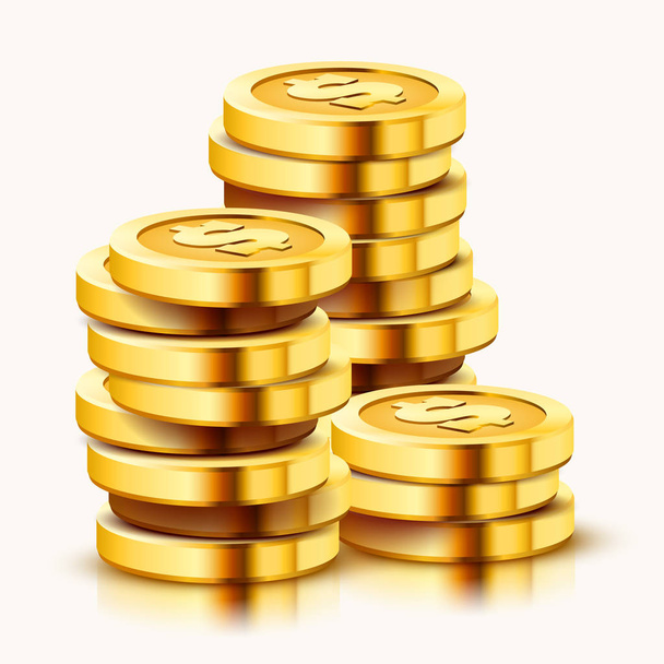 Growing stack of golden dollar coins isolated on white background. Economics concept. - Διάνυσμα, εικόνα
