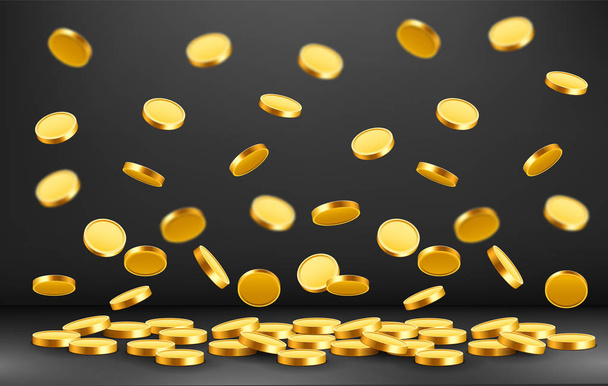 Falling coins, falling money, flying gold coins, golden rain. Jackpot or success concept. Modern background. - Vecteur, image