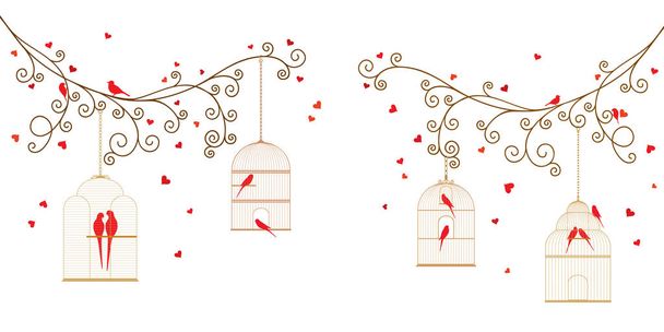 Ilustração vetorial de galhos de árvores encaracoladas com corações, gaiolas de pássaros pendurados, pássaros selvagens, periquitos e papagaios em fundo branco
.  - Vetor, Imagem