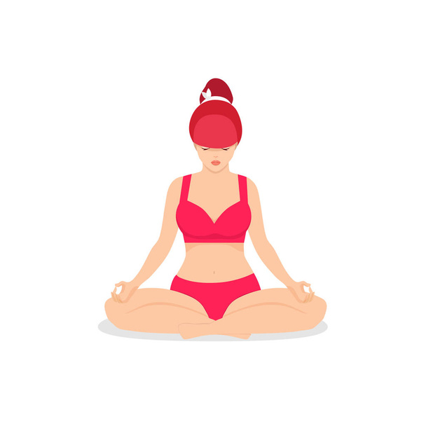 Kırmızı Bikinili Kadın Lotus Pozu 'nda Yoga Çalışıyor - Fotoğraf, Görsel
