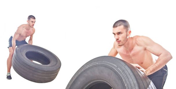 Young sports man raises a large weight wheel. training process. Isolated on white. Functional training. Two different angles, collag - Φωτογραφία, εικόνα