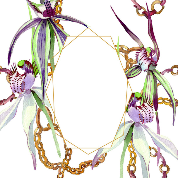Vahşi orkide çiçekli botanik çiçekleri. Suluboya arkaplan çizimi. Çerçeve kenar süsü kare. - Fotoğraf, Görsel