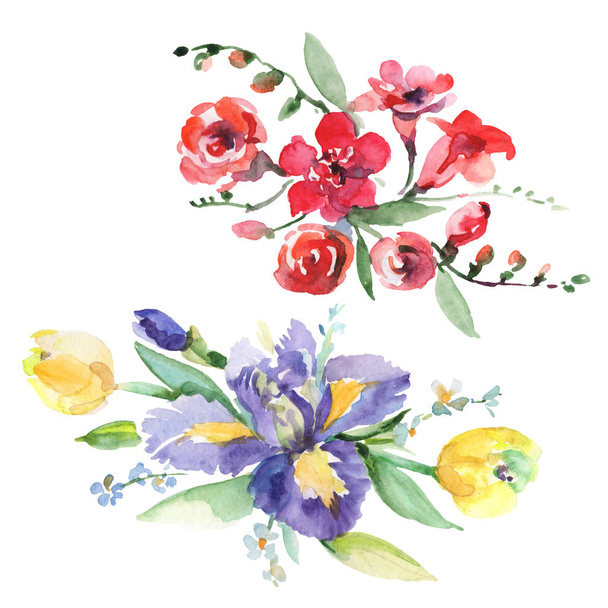 Strauß mit Iris floralen botanischen Blumen. Aquarell Hintergrund Set vorhanden. isolierte Blumensträuße Illustrationselement. - Foto, Bild