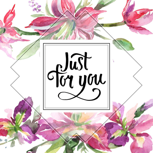 Strauß mit Iris floralen botanischen Blumen. Aquarell Hintergrundillustration Set. Rahmen Rand Ornament Quadrat. - Foto, Bild