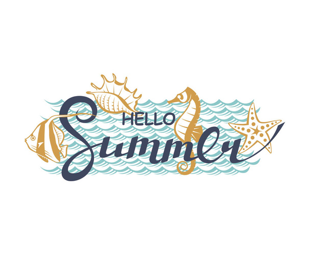 емблема привітання літнього написання з морем ізольовано на білому тлі
 - Вектор, зображення