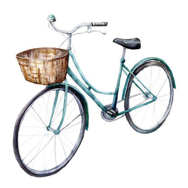 バスケット付き青い自転車付き水彩カード。●白い背景に隔離された手描きの夏のイラスト。デザイン、プリント、背景用. - 写真・画像