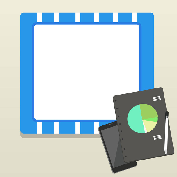 Diseño plano de la foto del dispositivo de teléfono inteligente apagado, bolígrafo y bloc de notas anillado con gráfico de pastel de negocios colorido para informes y presentaciones
 - Vector, Imagen