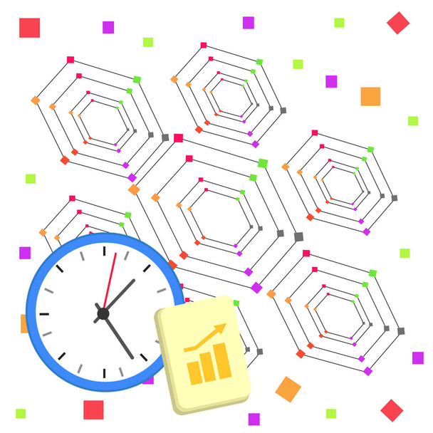 Проста плоска фотографія Розкладка настінного годинника та блокнота з фотографією барної діаграми зі стрілкою, що рухається, вказуючи на концепцію зростання бізнесу. Ескалація графіка панелі
 - Вектор, зображення