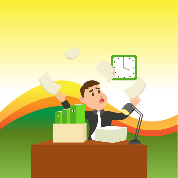 Confused Male Office Worker Sitting at Desktop Cluttered with File Folders and Ream of Paper Looking at Wall Clock and Understanding He Fails to Meet Deadline - Vector, Image