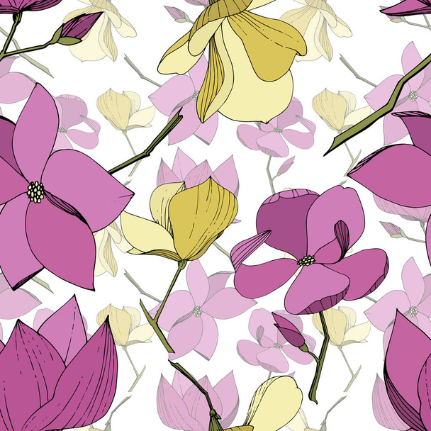 Vektormagnolie mit botanischen Blüten. lila und gelb gravierte Tuschekunst. nahtloses Hintergrundmuster. - Vektor, Bild