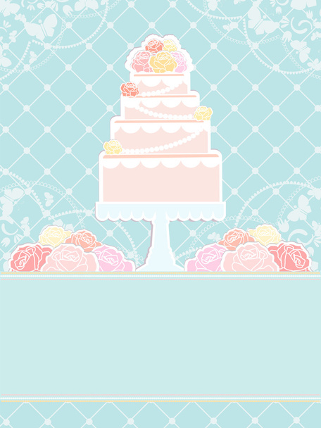Pink cake and roses on blue background - Vector, Image