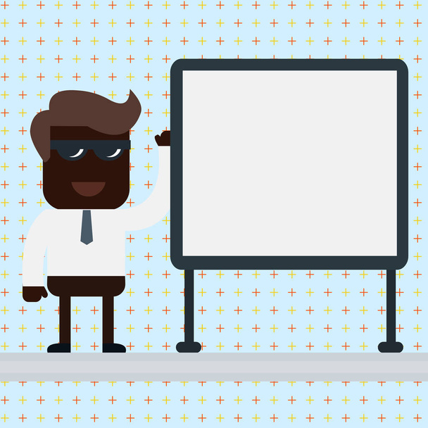 Улыбающийся бизнесмен или офисный работник в солнцезащитных очках и галстук, стоящий рядом с белой доской на трибуне с левой рукой, поднятой на деловой встрече или презентации
 - Вектор,изображение