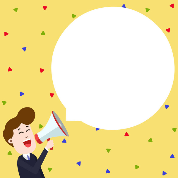 Happy Young Male Shouting into Megaphone with Round Shape Empty Speech Bubble Floating Over. Creative Background Space for Announcements and Promotions - Vector, Image