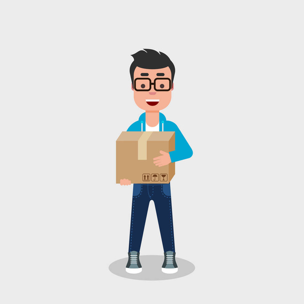Een jonge gelukkige man die een kartonnen doos vasthoudt. Delivery service concept. Moving Day concept. Terloops gekleed karakter met gesloten verpakking doos. Vector illustratie, platte stijl, clip art. - Vector, afbeelding