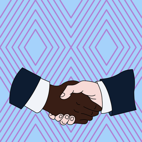 Hand Shake Between Multiracial Male Business Partners or Colleagues Wearing Formal White Shirts and Black Suits. photo photo. Flat Style Art Design. - Vector, Image