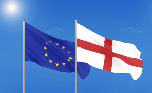 欧州連合 vs イングランド.欧州連合とイングランドの厚い色の絹のような旗 - 写真・画像
