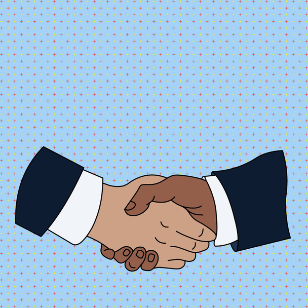 Hand Shake Between Multiracial Male Business Partners or Colleagues Wearing Formal White Shirts and Black Suits. photo photo. Flat Style Art Design. - Vector, Image