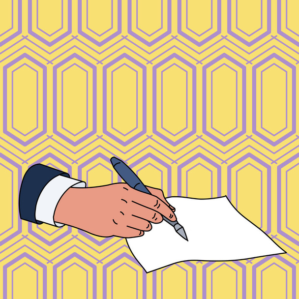 Foto plana de Closeup of Male Hand in Formal Suit Segurando Caneta Esferográfica e Pronto para Escrever em Branco Pedaço de Papel. Espaço de fundo criativo
 - Vetor, Imagem