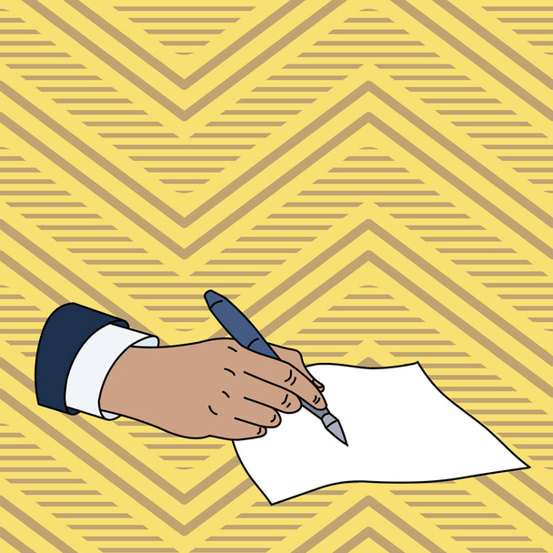 Photo plate de gros plan de la main masculine en costume formel tenant stylo à bille et prêt à écrire sur une feuille de papier vierge. Espace de fond créatif
 - Vecteur, image