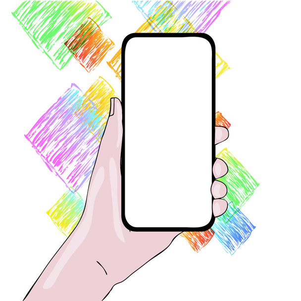 Zavracená prázdná obrazovka telefon smartphone v ruce svisle s prázdným místem pro text. Kreativní pozadí pro propagaci reklam v oznámeních - Vektor, obrázek