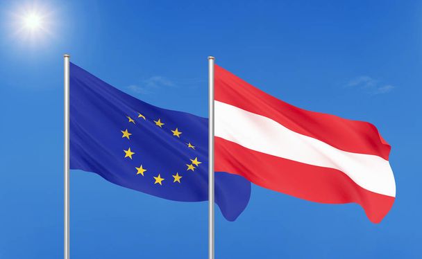 Ευρωπαϊκής Ένωσης εναντίον της Αυστρίας. Πυκνές έγχρωμες μεταξένια σημαίες της Ευρωπαϊκής Ένωσης και της Αυστρίας. 3D εικονογράφηση σε φόντο ουρανού. -Εικονογράφηση - Φωτογραφία, εικόνα