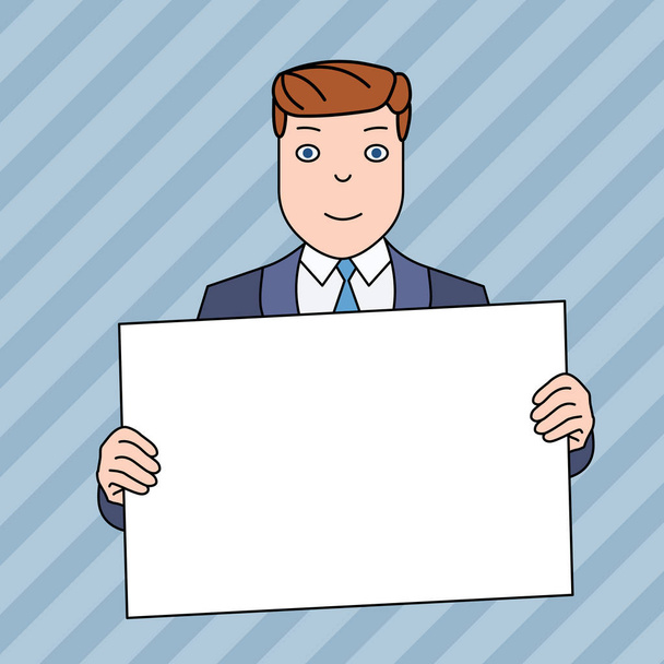 Homem sorridente em terno formal segurando grande placa de cartaz em branco na frente de si mesmo com ambas as mãos. Espaço de fundo criativo para anúncios e promoções
 - Vetor, Imagem