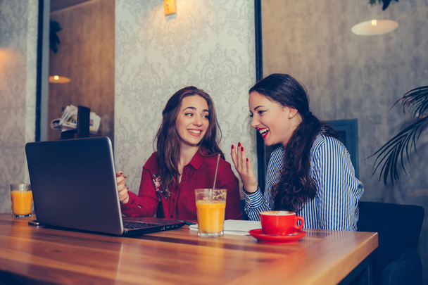 Twee vrouwelijke vrienden met behulp van laptop en koffie drinken samen - Foto, afbeelding