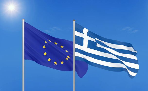 Ευρωπαϊκή Ένωση vs Ελλάδα. Πυκνές έγχρωμες μεταξένια σημαίες της Ευρωπαϊκής Ένωσης και της Ελλάδας. 3D εικονογράφηση σε φόντο ουρανού. -Εικονογράφηση - Φωτογραφία, εικόνα