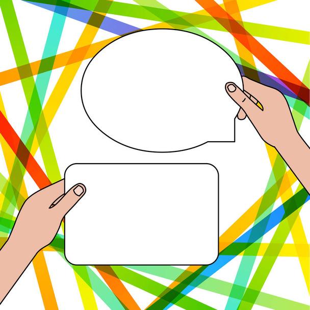 Ruce držící dvě prázdné tablety jedna pravoúhlá v levé ruce druhá ve tvaru oválného projevu bublina vpravo jedna. Kreativní pozadí pro texting - Vektor, obrázek