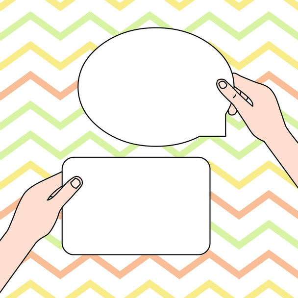 Hands Holding Two Empty Tablets One Rectangular in Left Hand Another in Form of Oval Speech Bubble in Right One. Creative Background Space for Texting - Vector, Image