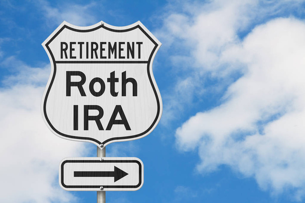 Retirement with Roth IRA plan route on a USA highway road sign - Photo, Image