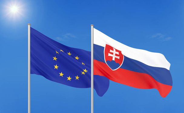 Europäische Union gegen Slowakei. dicke farbige seidene Flaggen der Europäischen Union und der Slowakei. 3D Illustration auf Himmelshintergrund. - Abbildung - Foto, Bild