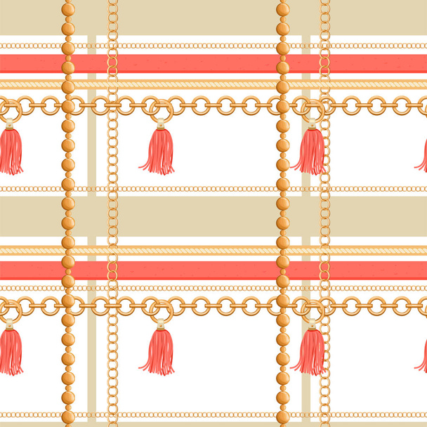 Geometric seamless pattern with golden chains, rope and tassels. - Vector, Image