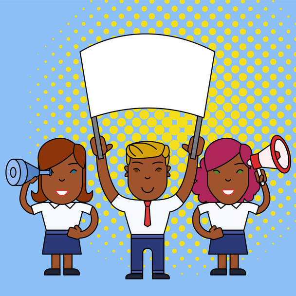 Group of Smiling People Man and Two Women at Peaceful Demonstration or Strike Holding Empty Banner, Megaphone and Spy Glass. Flat photo photo. Art Design - Vector, Image