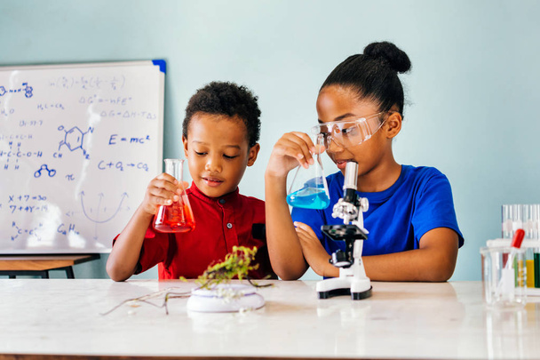 Happy kids with flasks in school chemistry laboratory - Zdjęcie, obraz