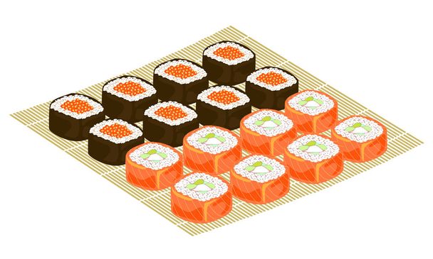 Exquisite dishes of national cuisine. On a beautifully served mat are seafood, sushi, rolls, caviar, rice and greens. Festive treat. Vector illustration - Vector, Image