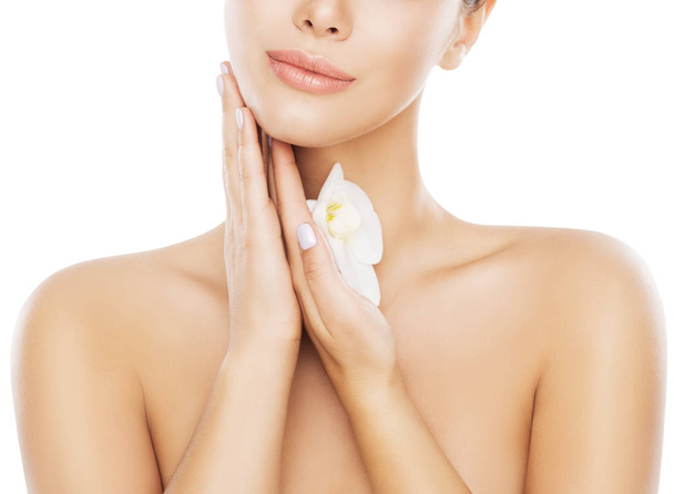 Beauty Face Skin Care, Woman Moisturizing and Massaging Neck - Valokuva, kuva